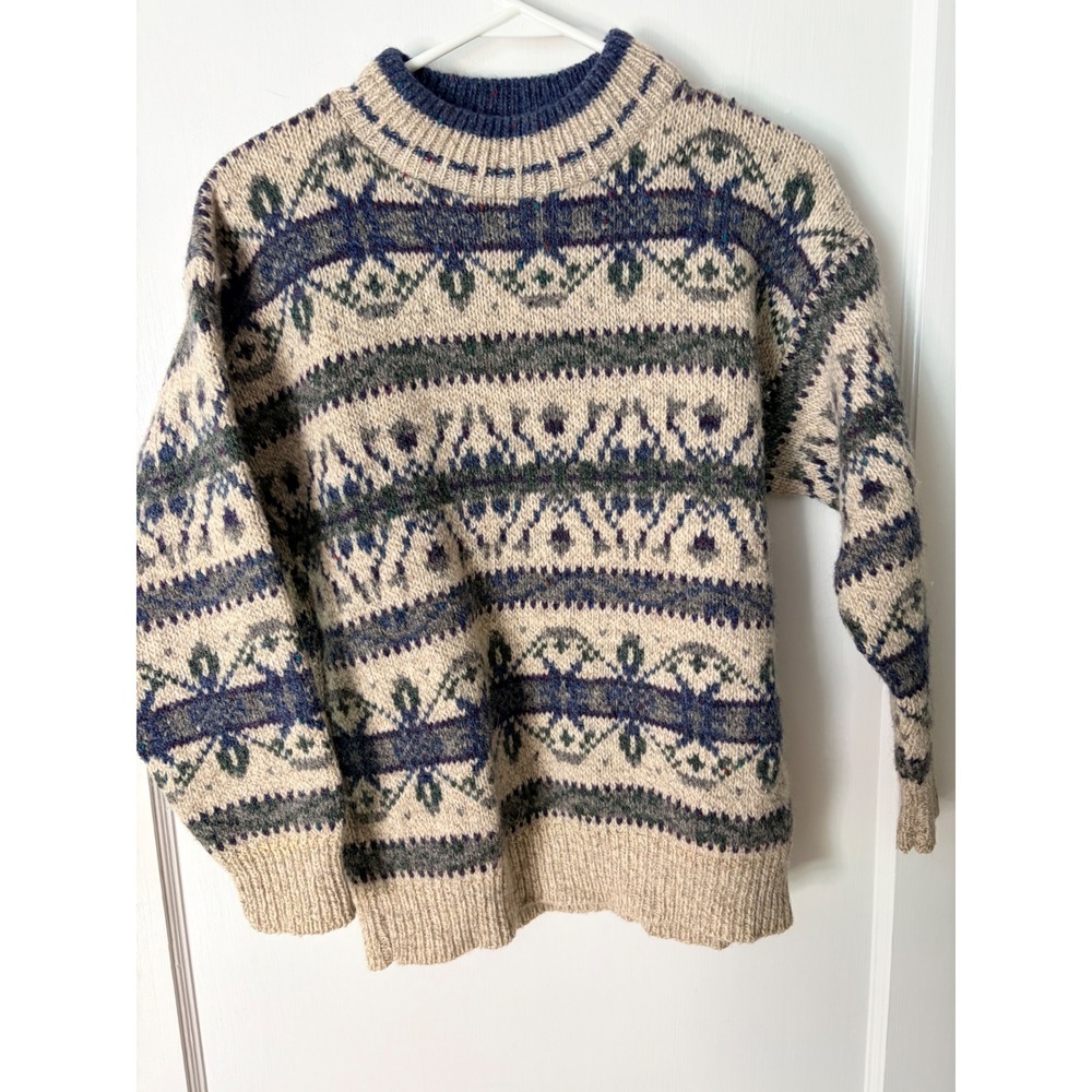 Alps Vintage Nordic Fair Isle Knit Sweater Womens Small Beige Navy Mock Neck